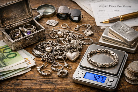 Oud zilver verkopen – verzameling zilveren sieraden op een weegschaal met zilverprijs per gram